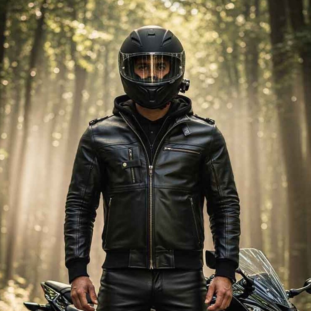 RIDERACT® Men's Black Leather Motorcycle Jacket with Hood